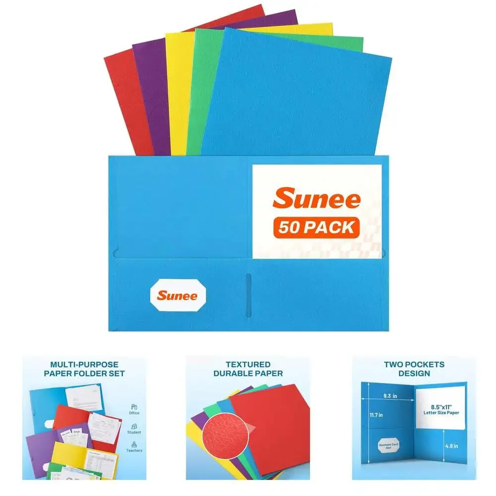 Two Pocket File Folders Pack Assorted Colors Business Card Slot Letter Size